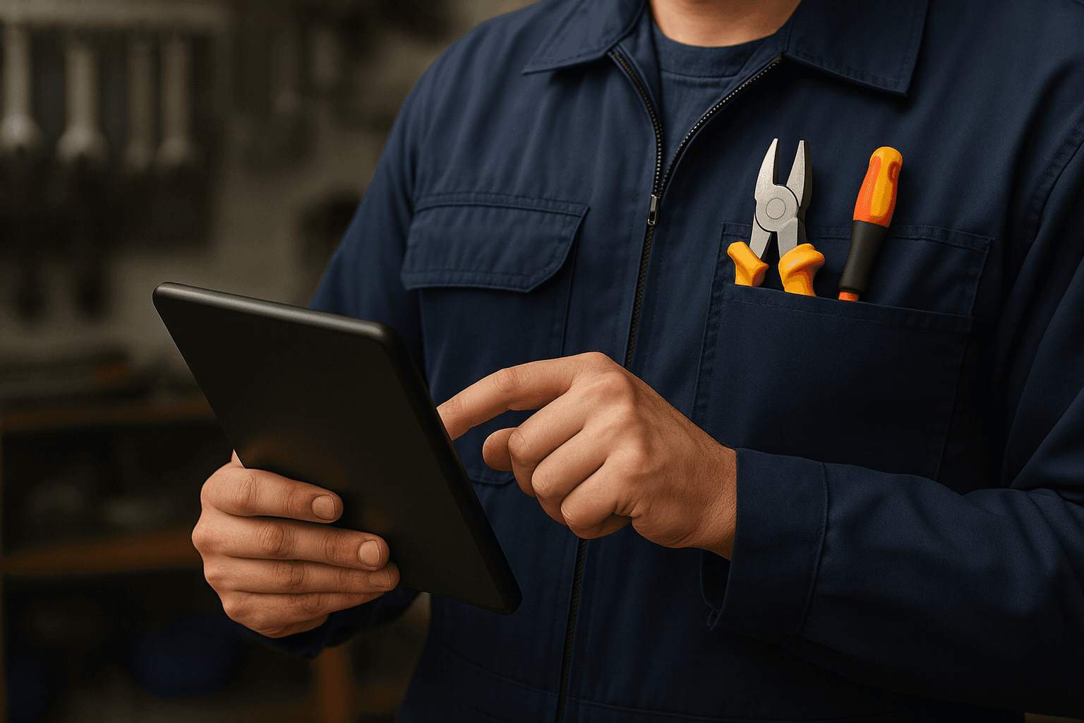 Monteur die materieel controleert met een tablet