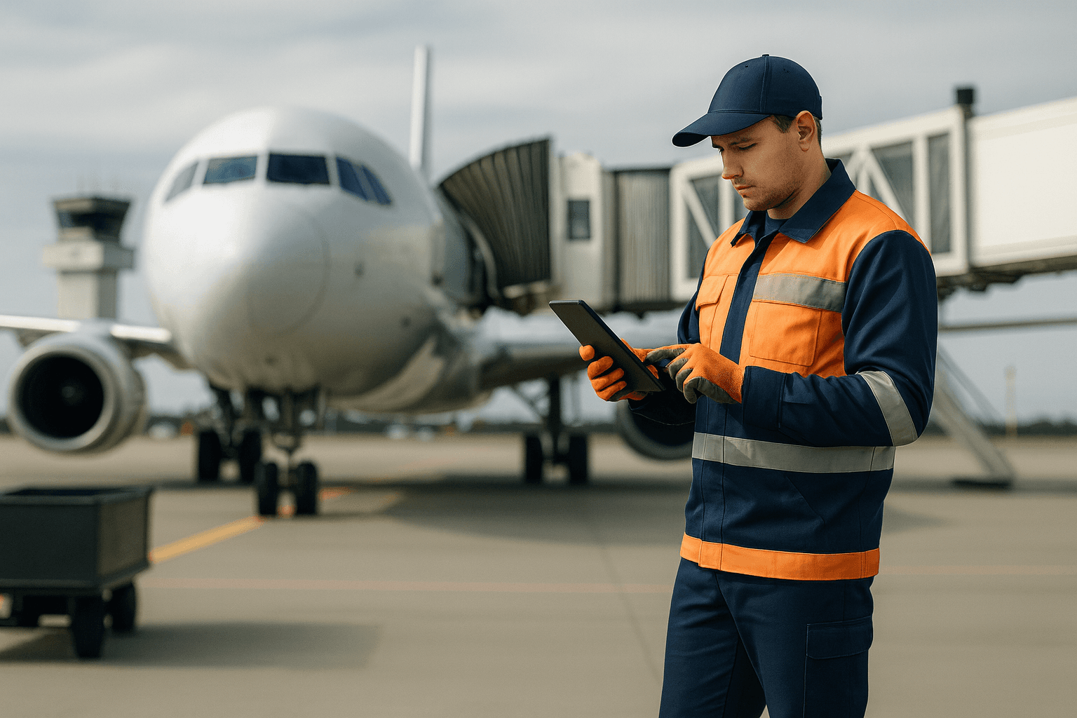 Crewlid dat een vliegtuig gereedmaakt op het platform